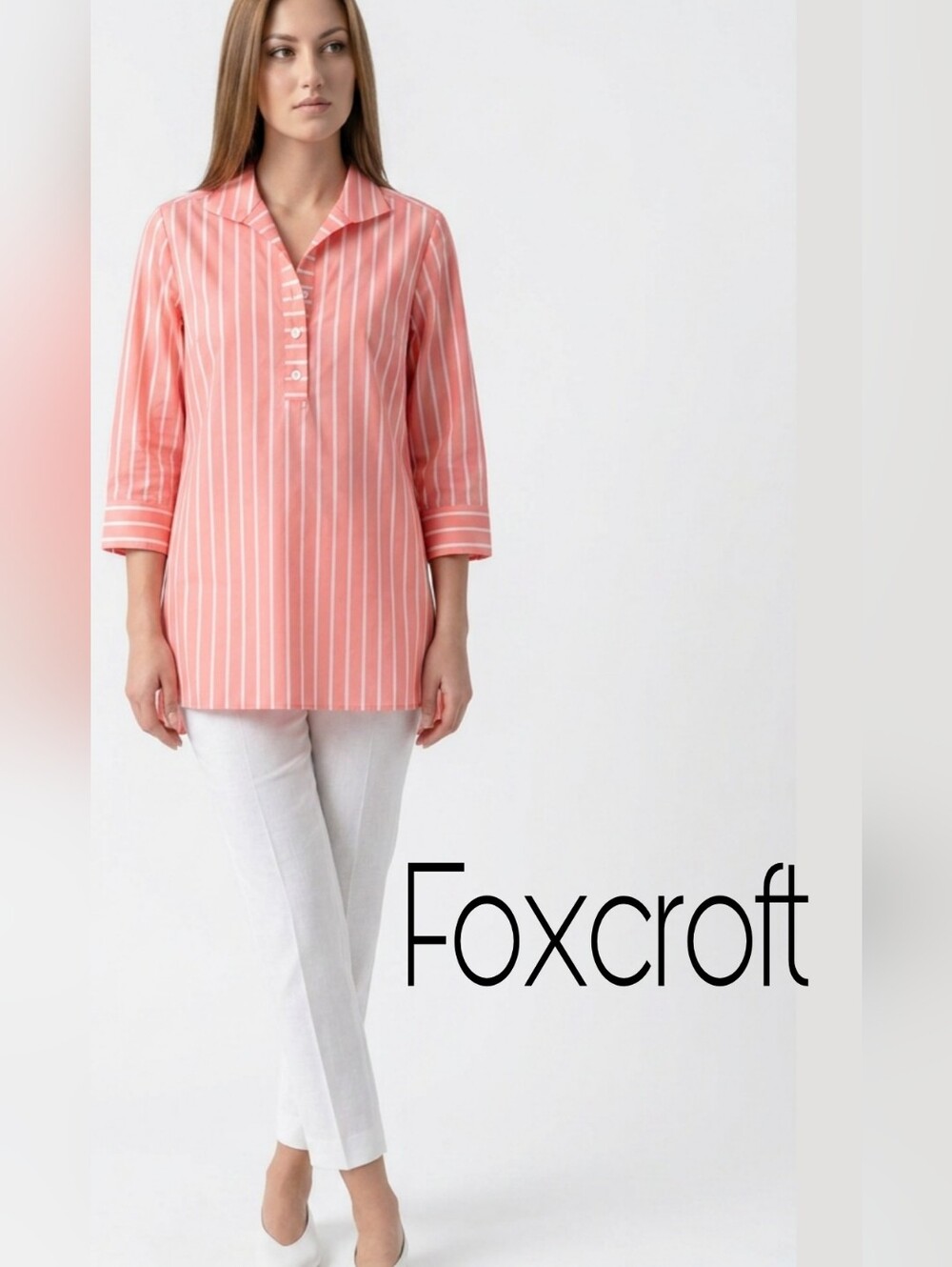 Foxcroft Coral Pink Striped Popover Tunic With Shell Button Accents 14 - Picture 1 of 13